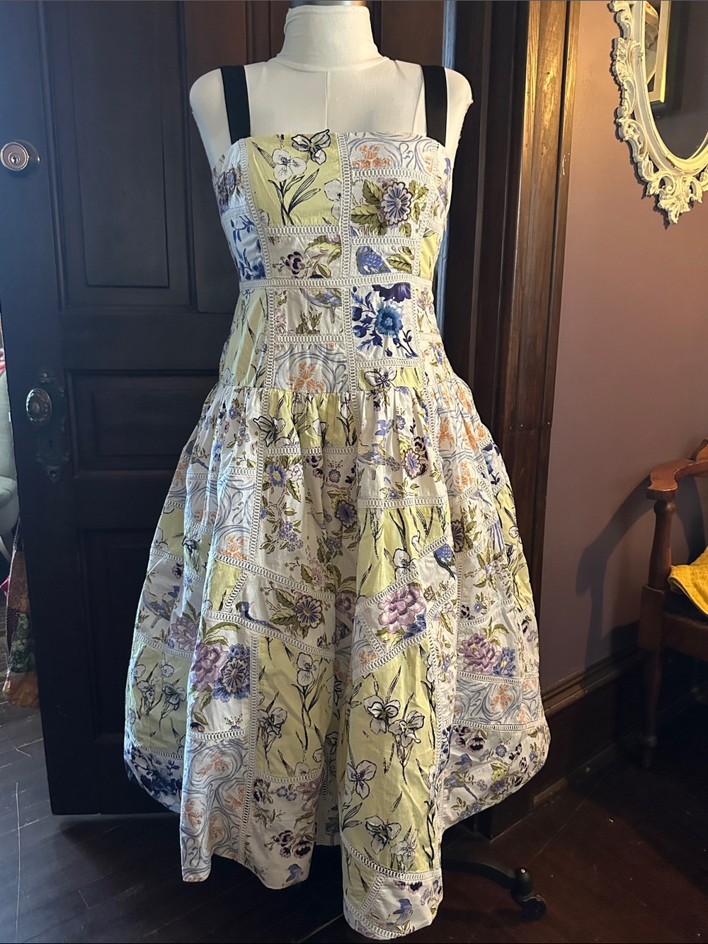 Maeve Yellow and Blue Floral Applique Cotton Sundress with Black Straps